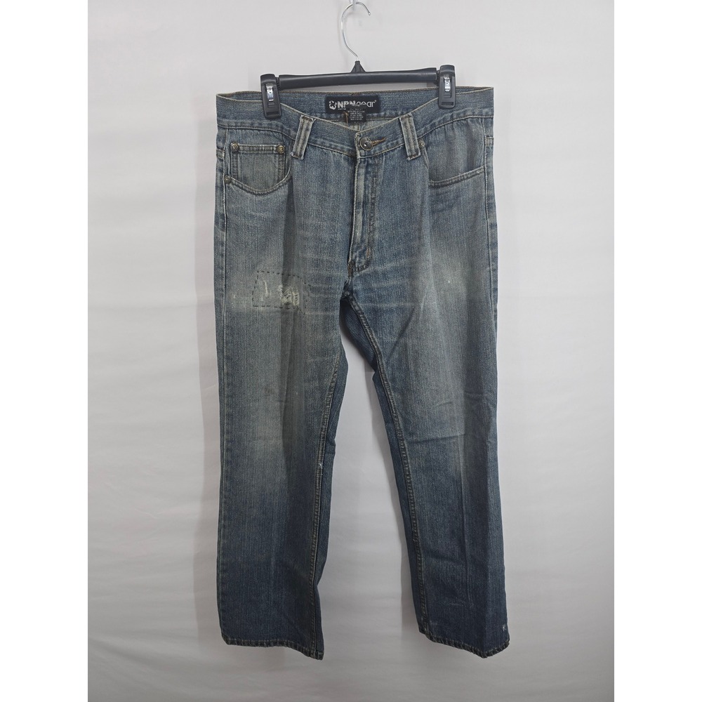 NBN Gear Mens Baggy Straight‎ Leg Jeans Blue Medium Wash Starburst Pockets 36x32